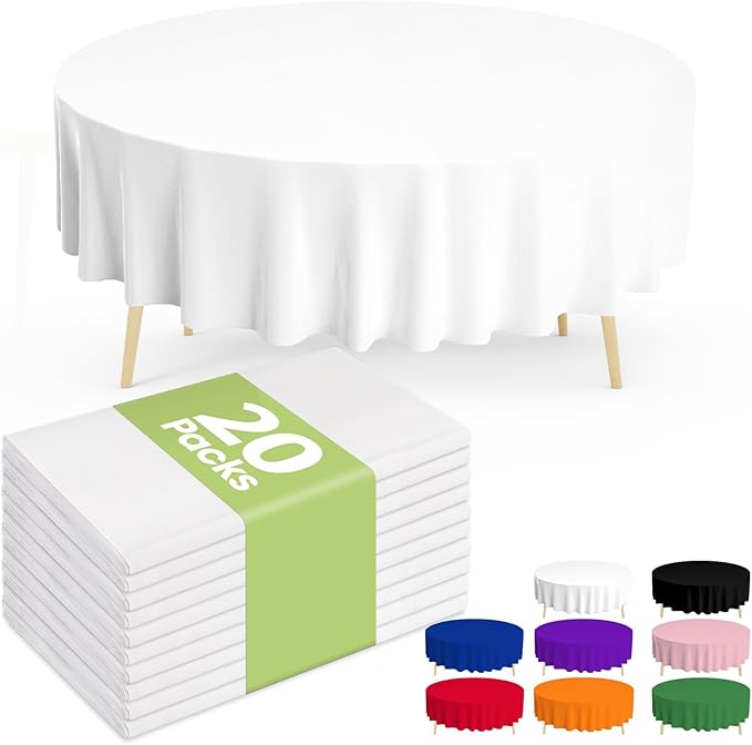 Pureegg Plastic Table Cloth Disposable 20 Pack, 84'' Round Table Cloths, Party, Picnic, Wedding, Decorative Tablecloths, Round, White Plastic Cover, Leakproof & Sturdy, White