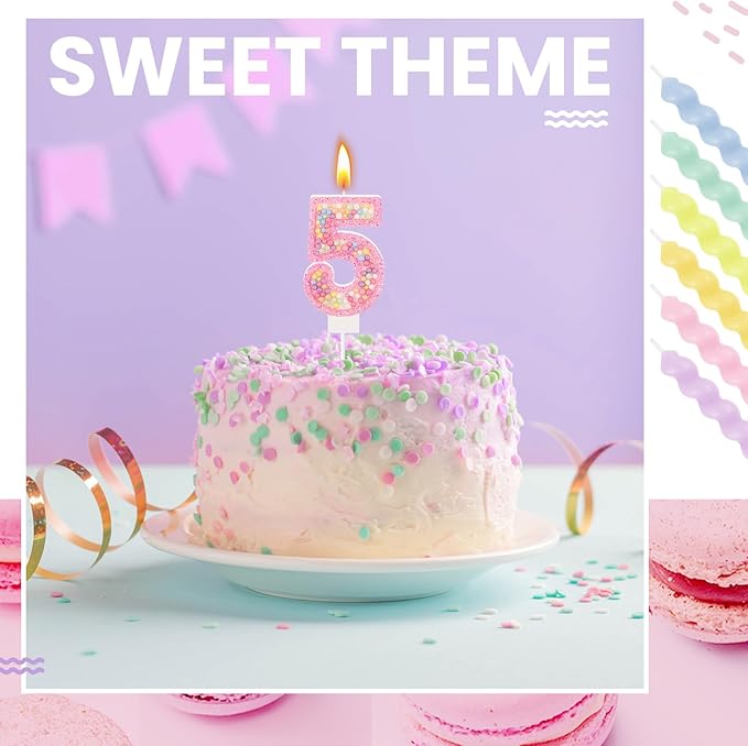 MTLEE Number 5 Birthday Candle with 12 Pcs Spiral Candles for Girls Macaron Pastel Rainbow Unicorn Pink Cake Topper for Sweet Theme Party Decoration