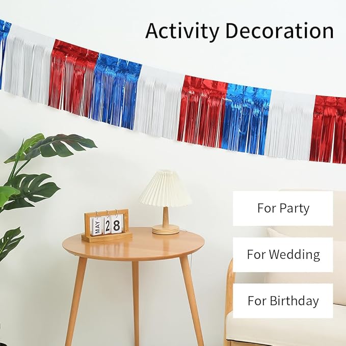 4 Packs 10 Feet Long Foil Fringe 4th of July Garland Memorial Day USA Red White Blue Independence Day Tinsel Metallic Patriotic Wall Hanging Banner for Car Parade Floats Garden Decorations