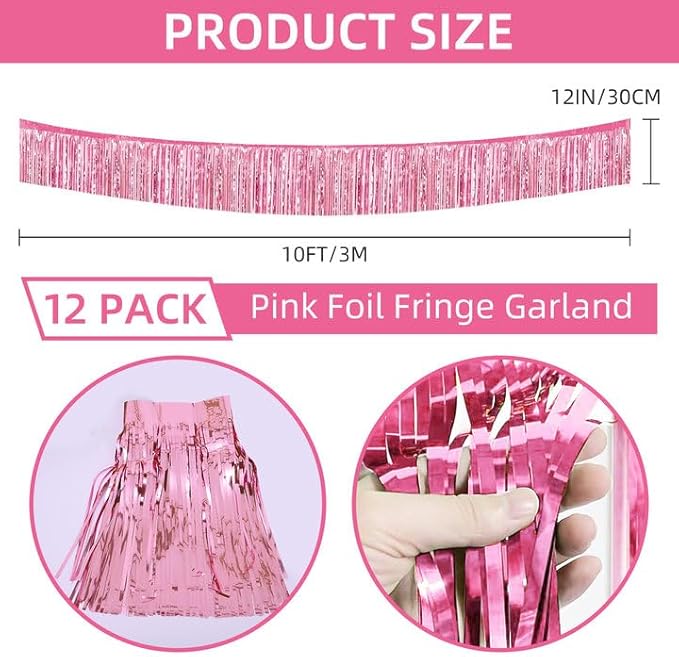 12 Pack 10 Feet Metallic Foil Fringe Garland Tinsel Streamers Banner, Pink Wall Hanging Tinsel Fringe Banners for Parade Floats, Wedding, Birthday, Christmas, New Year Party Decorations