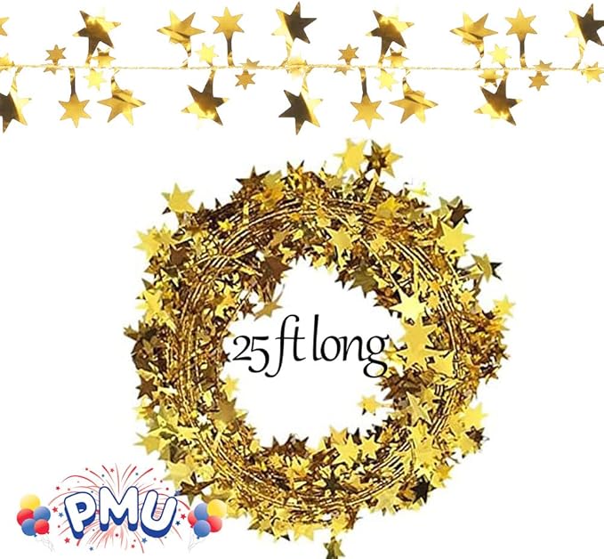 PMU 300 Ft Star Wire Shiny Garland Gold - Halloween, Christmas Party, Wedding, Birthday, Festive Home Decoration Ornament Gold (12pc-25Ft Each)