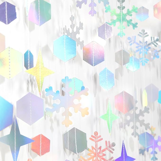 Snowflake-Snow Iridescent-Holographic Christmas Party-Decorations Streamers - 52Ft White Winter Wonderland Frozen Hanging Paper Garland Banner,Birthday Wedding Baby Shower New Year Supplies Hugtmr