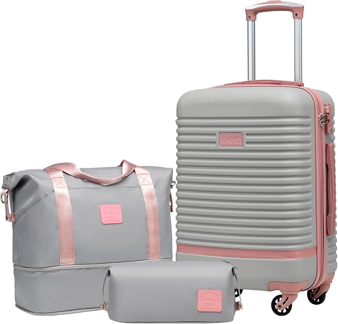 Coolife Suitcase Set 3 Piece Luggage Set Carry On Travel Luggage TSA Lock Spinner Wheels Hardshell Lightweight Luggage Set(Gray+Pink, 3 piece set (DB/TB/20))