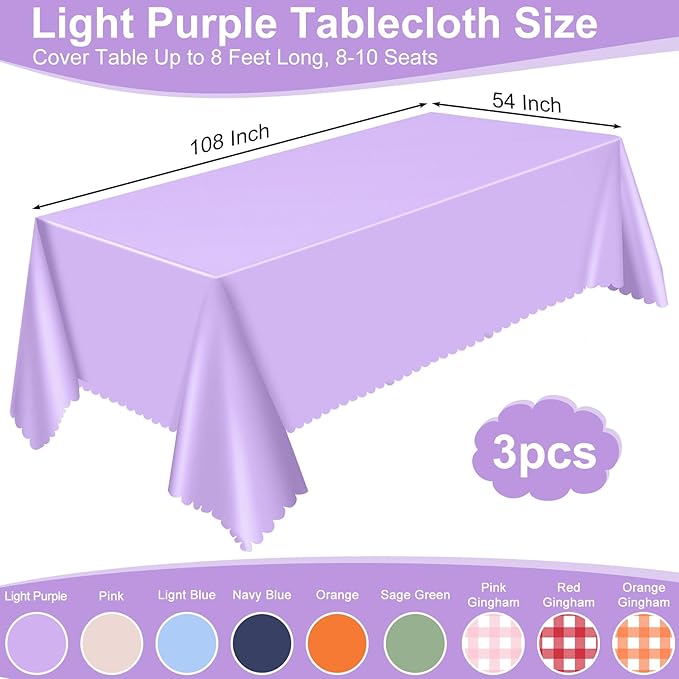 3 Pack Lavender Plastic Tablecloth, 54 X 108Inch Disposable Light Purple Scalloped Easter Table Cloth Waterproof Spring Table Cover for Mother's Day BBQ Picnic Baby Shower Birthday Wedding Decor