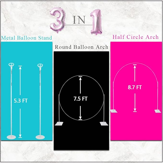 Balloon Arch Stand, 7.5ft Large Round Backdrop Frame, Adjustable Half Circle Arch, 2 set Reusable Metal Ballon Column Kit with Base 3IN1 for Birthday, Wedding, Graduation, Shower Party