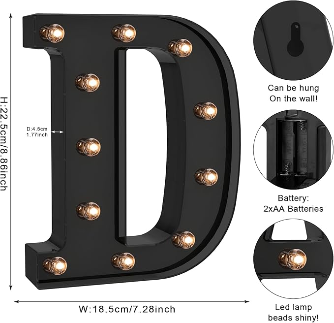 Foaky Black LED Letter Lights for Room Decor - Bedroom Wall Decor, Alphabet Lights for Home, Wedding, Party - Battery Operated （D）