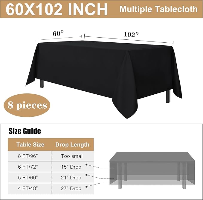 sancua 8 Pack Black Tablecloth 60 x 102 Inch, Rectangle Table Cloth for 6 Feet Tables - Stain and Wrinkle Resistant Washable Polyester Table Cover for Dining Tables, Buffet Parties and Camping