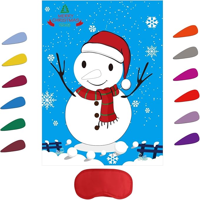 FEPITO Christmas Games for Pin The Nose on The Snowman Holiday Christmas Party Games with 24 Noses and Blindfold for for Christmas Party Supplies, New Year Xmas Gifts