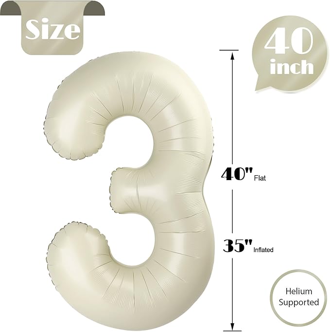 Cream Number 3 Balloon 40 Inch, 3 Balloon Number, 3rd Birthday Decorations, Cream Party Supplies for Boys Girls