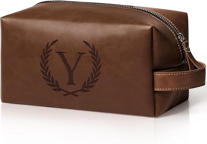 Personalized Gifts Travel Toiletry Bag for Men Engraved Initial PU Leather Waterproof Shaving Bag for Toiletries Accessories Fathers Day Birthday Gift for Men Dad Husband Son, Reddish Brown Y