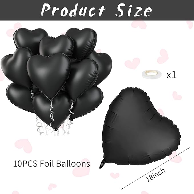 Foil Heart Balloons - 10 Black Heart Shaped Balloons, 18inch Metallic Foil for Valentines Day, Wedding, Birthday, Halloween Party