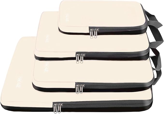 BAGAIL 4 Set/6 Set/8 Set Compression Packing Cubes Travel Accessories Expandable Packing Organizers (Cloth Pattern, 4-Beige)
