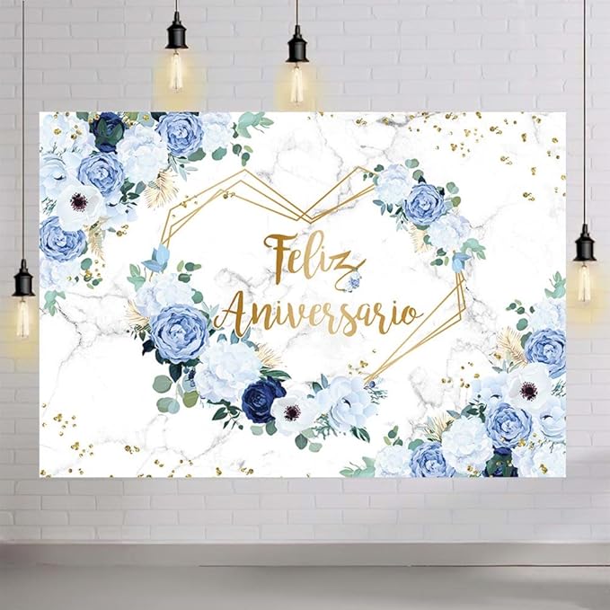 MEHOFOND 8x6ft Feliz Aniversario Backdrop Blue White Floral Wedding Anniversary Photography Background Hearts Geometric Couple Wedding Women Birthday Party Cake Smash Decor Studio Photo Props