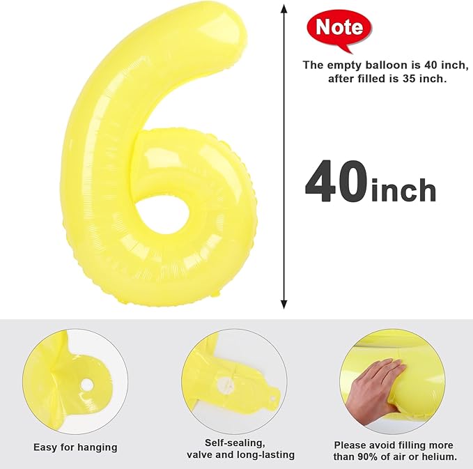 Number 6 Balloon 40 Inch, 6th Birthday Balloon for Boy Girl, Yellow 16 60 61 65 Numbers Balloons Birthday Party Wedding Events Decorations