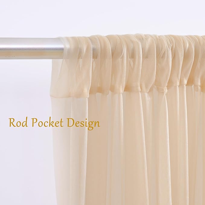 30×10ft Champagne Tulle Backdrop Curtain with Lights String for Parites, Sheer Photo Backdrop Curtains for Wedding Party Photography Background
