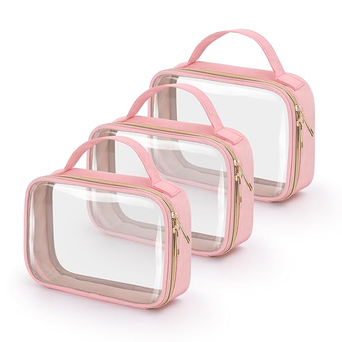 Wedama TSA Approved Toiletry Bag, 3 Pack Clear Makeup Bags with Handles, Quart Size Clear Toiletry Bags, PVC Cosmetic Bags for Women and Men, Carry on Airport Airline Comp (Pink, 3 Pack, Medium)