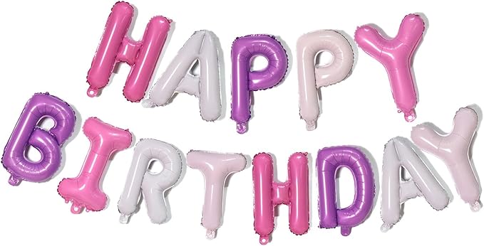 KALOR Purple Pink Happy Birthday Balloons Banner, 16 Inch Mylar Foil Letters Balloon Sign for Girls Women Birthday Decorations Photo Backdrop