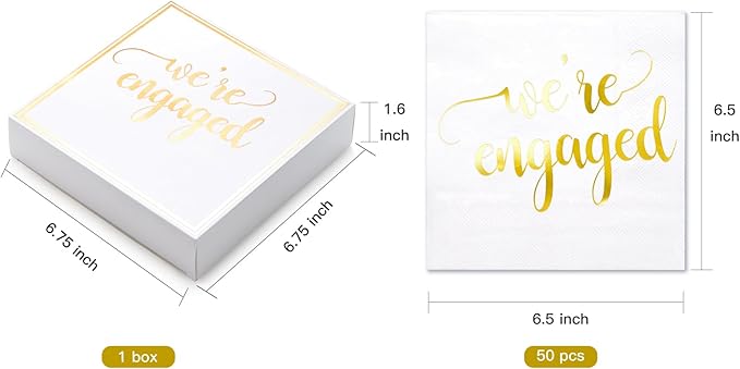 WRAPAHOLIC 50Pcs Gold We're Engaged Napkins - 3 Ply Disposable Paper Luncheon Napkin for Tableware Party Supplies - 6.5 x 6.5 In (Pack of 2)