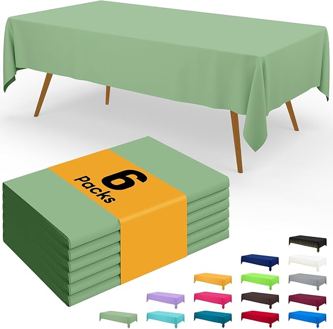 Smiry Disposable Table Cloth - 6 Pack, 54 x 108 Inch Waterproof Rectangle Tablecloths for Parties, Decorative Plastic Table Cover, Leakproof & Sturdy, Sage Green