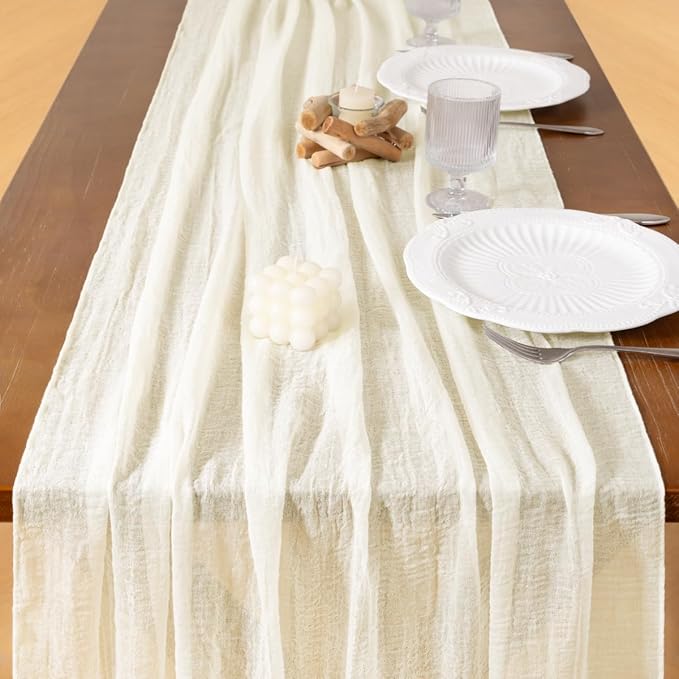 Socomi 6pcs Ivory White Cheesecloth Table Runner Valentine's Day Gauze 120 Inch Rustic Boho Cheese Cloth Runner for Wedding Party Baby Bridal Shower Centerpiece Decoration Holiday Home Decorations