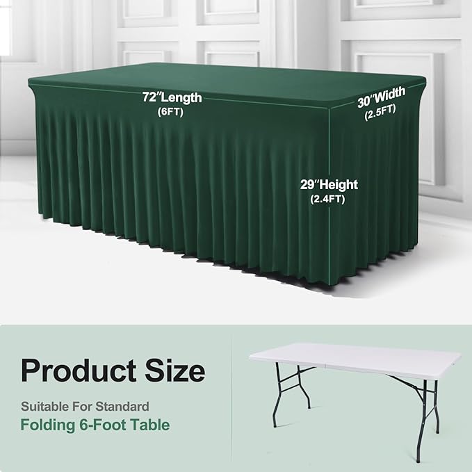 Table Skirts for Rectangle Tables 6ft - 2 Pack One-Piece Hunter Green Tablecloths and Skirt, Wrinkle Resistant Ruffles Elastic Cover for Banquets, Weddings, Events, Parties