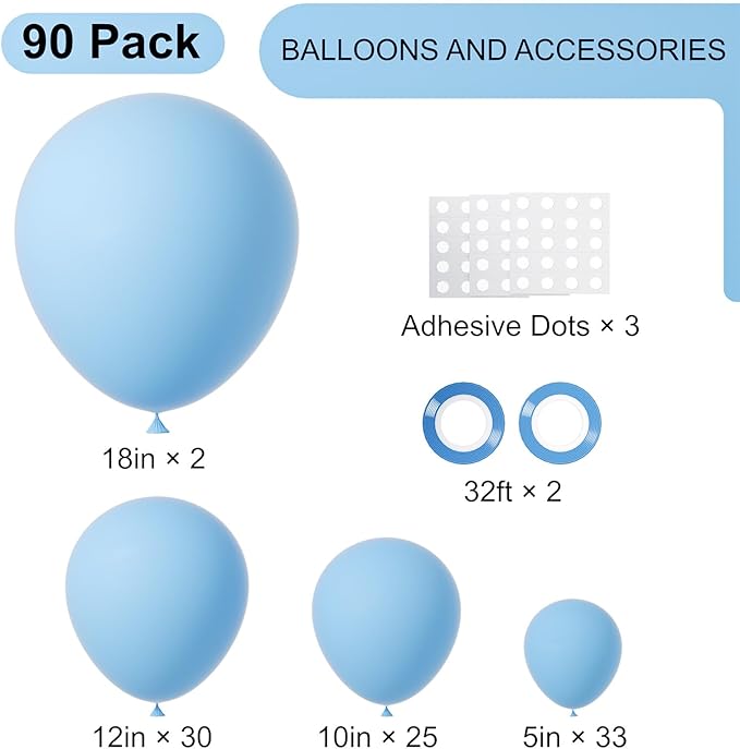 90pack Light Blue Balloons Different Size 18/12/10/5 Inch Baby Blue Balloon Garland Arch Kit for Boys Girls Birthday Party, Baby Shower, Wedding, Gender Reveal, Baby Shower Decorations