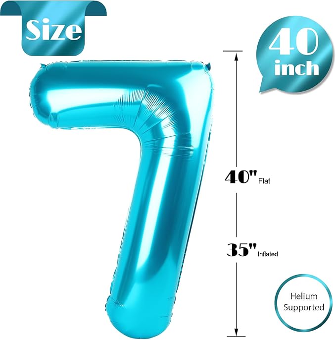 Light Blue Number 7 Balloon 40 Inch, 7 Balloon Number, 7th Birthday Decorations, Light Blue Party Supplies for Boys Girls