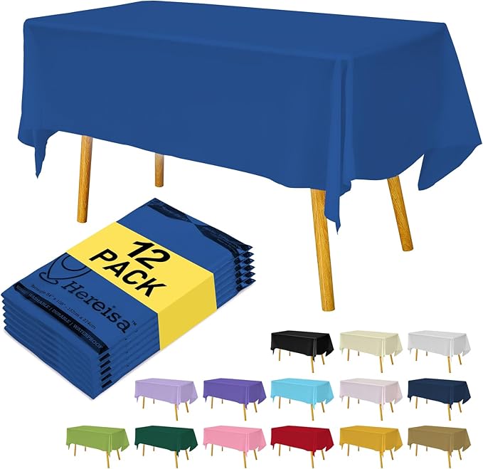 Premium Disposable Table Cloth - 12 Pack, 54 x 108 Inch Table Cloths for Parties, Decorative Tablecloths for Rectangle Tables, Blue Plastic Table Cover, Leakproof & Sturdy, Royal Blue