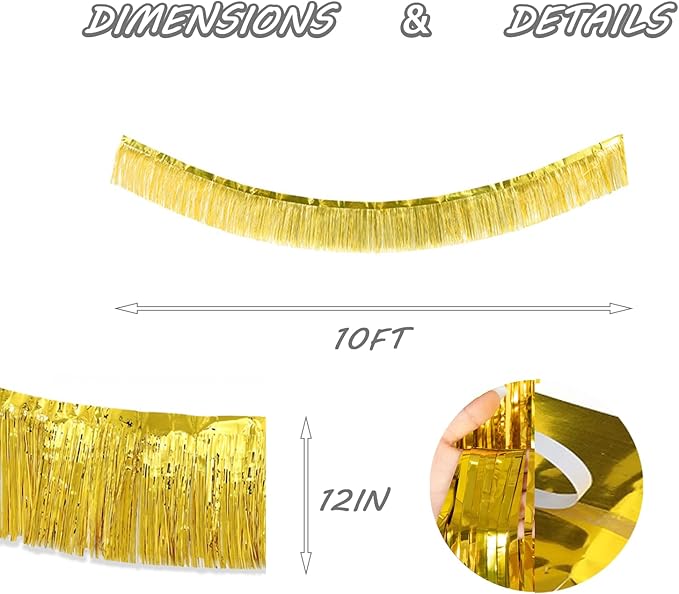 Gold Foil Fringe Garland 10FT 2packs, Metallic Foil Tinsel Fringe Banners for Parade Float Decorations Wedding, Birthday Party Graduation (Two Gold)