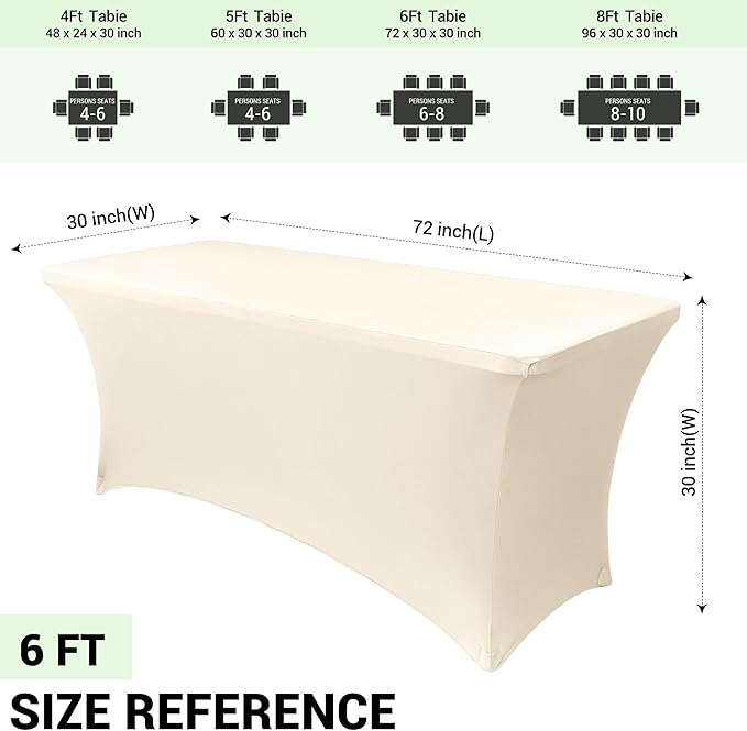 Obstal 6 Pack Stretch Spandex Table Covers for 6 Foot Tables - 6 FT Universal Rectangular Fitted Tablecloth Protector for Wedding, Banquet, Party (Cream, 72 Length x 30 Width x 30 Height Inches)