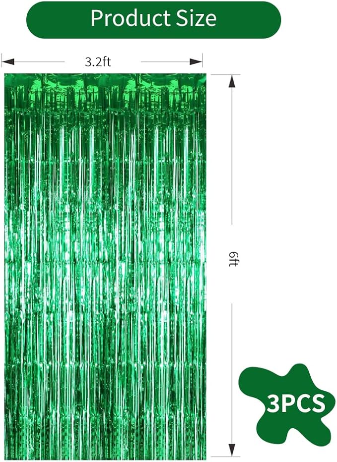 TONIFUL 3Pcs Green Door Streamers,Green Photo Booth Backdrop,Metallic Streamers Green Foil Fringe Curtains for Birthday,Christmas,New Year,St. Patrick's Day Party Streamers Decor(9.9ft x 6.6ft)