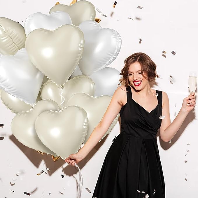 Biapian Cream Heart Balloons, 18 Inch Sand White Heart Shape Balloons Foil, 10 Pcs Beige Heart Balloons and White Foil Balloons Helium for Valentines Day Boho Birthday Wedding Baby Shower Decorations