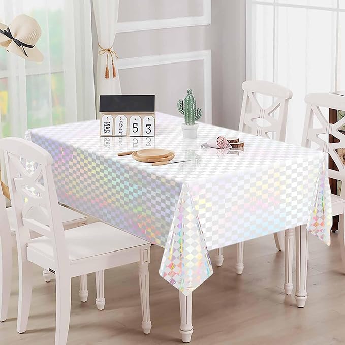 2 Pack White and Iridescent Checkered Tablecloth Shiny Disposable Holographic Foil Table Cloth Plastic Laser Rectangle Table Cover for Picnic Birthday Party Race Car Tablecloth