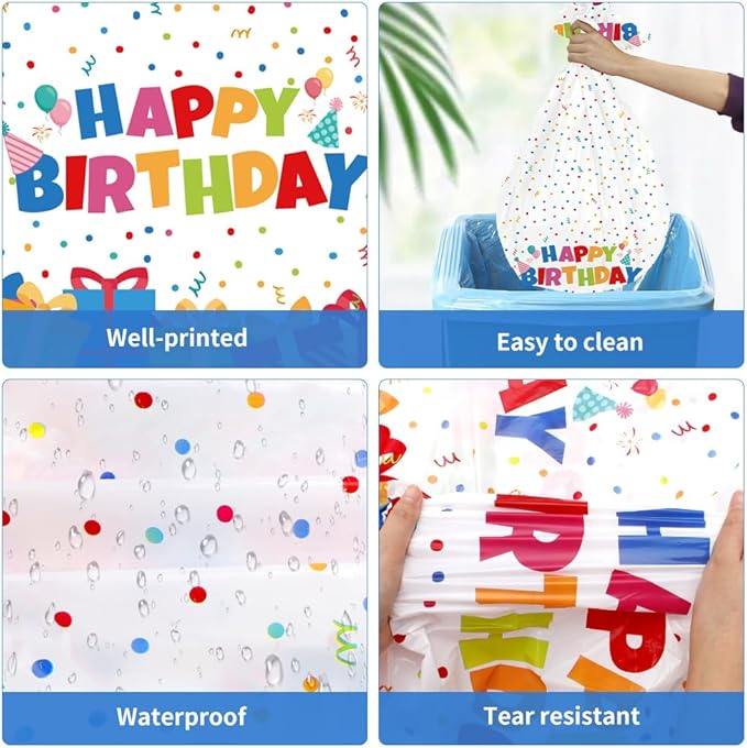 Birthday Tablecloth, 2 PCS Birthday Table Cloths 54'' x 108'' Disposable Birthdays Table Cover Waterproof Plastic TableCloth Rectangle Party Tablecloths for Kid’s Happy Birthdays Party Decorations