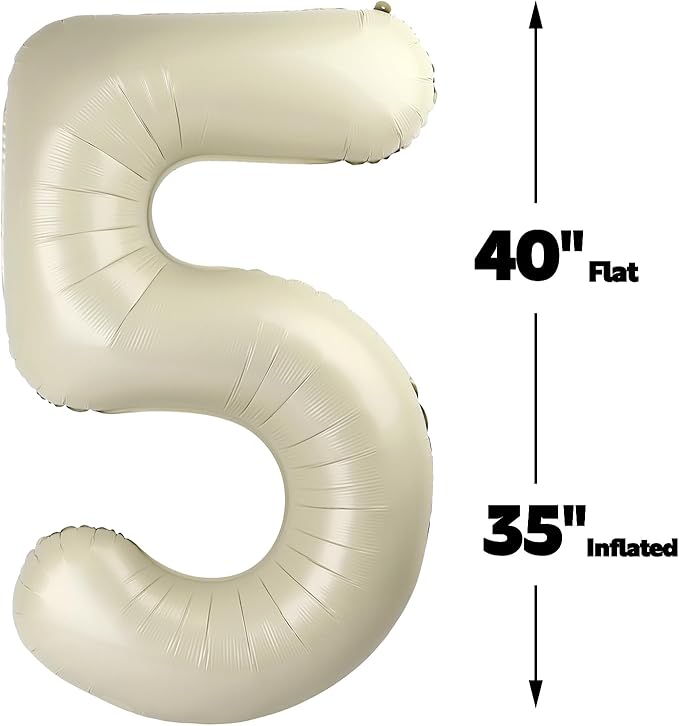 Cream White 40 Inch Large Number 5 Birthday Balloon, Five 5th 15 25 35 50 55 Birthday Celebration Decorations, Foil 5 Mylar Helium Number 5 Balloons Girl Boy Anniversary Party Supplies