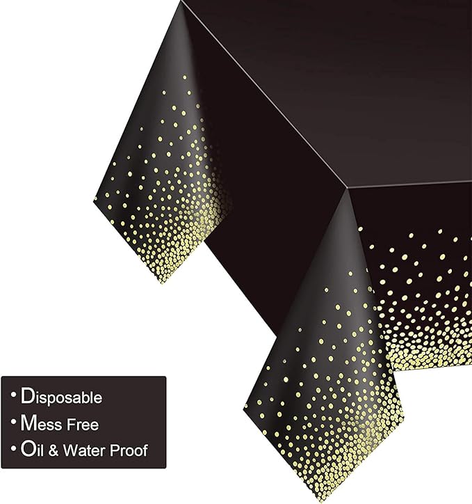 Gexolenu 12 Pack Black and Gold Disposable Plastic Tablecloth for Rectangle Tables(54" x 108"), Disposable Waterproof Party Table Cover for Birthday, Graduation, Gold Table Cloths Party Supplies