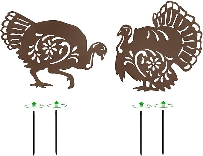 Metal Turkey Garden Stakes Set of 2 Outdoor Thanksgiving Yard Decor Rusty Turkey Garden Statues Waterproof Steady (Turkey Rusty)