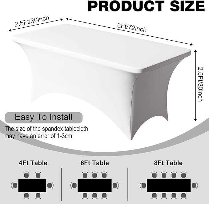 Trlyc 6 Pack 6FT Spandex Table Cloth - 72 x 30 Inch Rectangular Stretch Tablecloth, Wrinkle Resistant Scretch Table Cover for Wedding, Party, Banquet, Picnic, Outdoor Decoration (6Pcs,White)