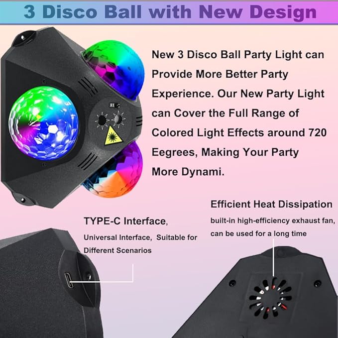 Disco Ball Party Lights Indoor Outdoor, Dj Lights Disco Ball Decor Party Strobe Light for Parties 3 Disco Balls Sound Activated with Remote Control Disco Light for Christams Halloween KTV Club Party