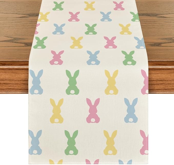 Artoid Mode Green Pink Bunny Rabbit Easter Table Runner, Spring Kitchen Dining Table Decoration for Home Party Decor 13x60 Inch
