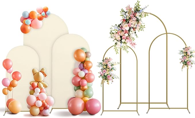 Arch Backdrop Stand and Cover Set, 3 Metal Balloon Arch Backdrop 7.2ft 6.6ft 6ft, Gold Arched Stand Frame for Wedding, Parties,Birthday, Backdrop Decorations (Beige,7.2ft+6.6ft+6ft)