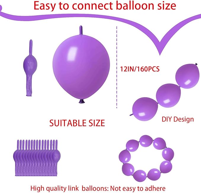 Link Balloons Purple 12 Inch Latex Quick Linkale Balloon 160 Pcs for Birthday, Halloween, Christmas, Party Festival Decorations