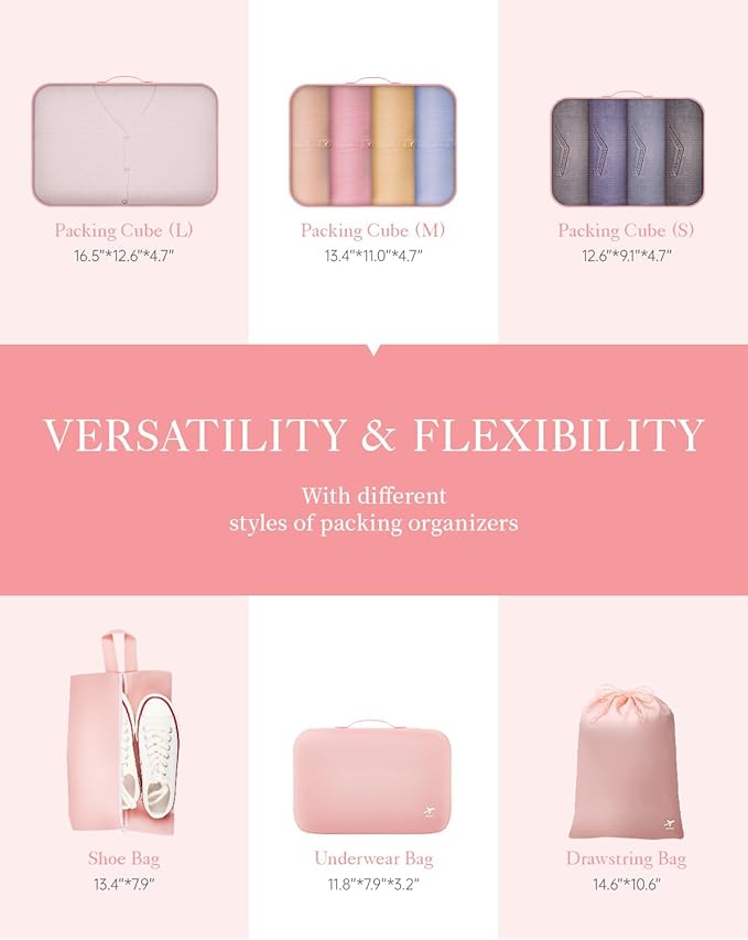 HOTOR Packing Cubes for Suitcases - 6 Pieces, Light Packing Cubes for Travel, Premium Suitcase Organizer Bags Set, Space-Saving Luggage Organizers, Travel Accessories and Essentials, Pink