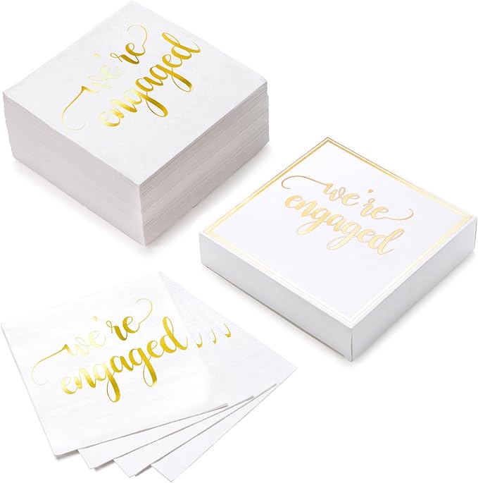 WRAPAHOLIC 50Pcs Gold We're Engaged Napkins - 3 Ply Disposable Paper Luncheon Napkin for Tableware Party Supplies - 6.5 x 6.5 In