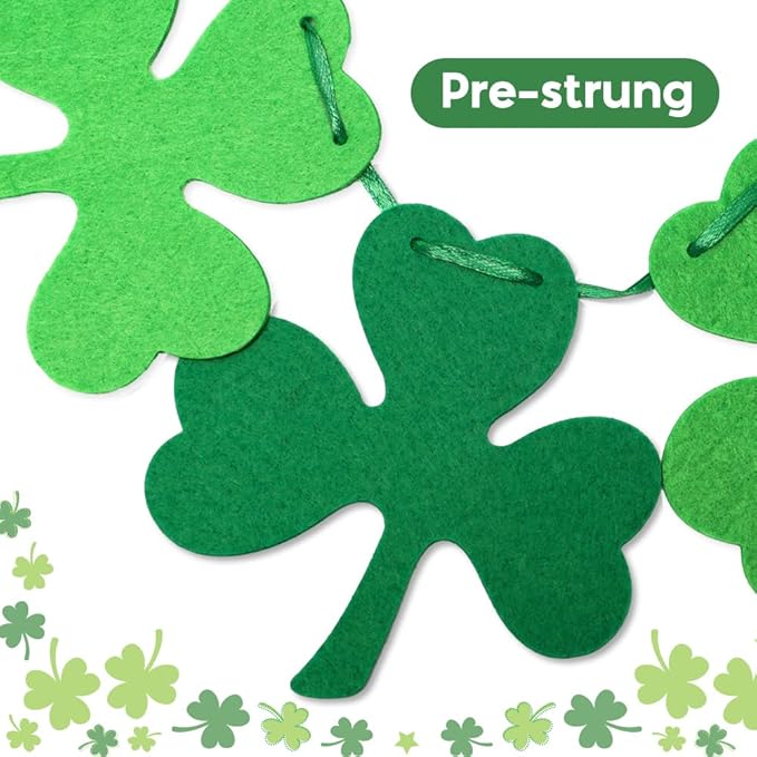 AKEROCK St Patricks Day Garland, Pre-Stung Hanging Felt Shamrock Garland for Wall, Fireplace Mantle Decor - St Patricks Day Decorations for The Home - 6 Saint Patricks Day Banners, 12 Pcs of Each