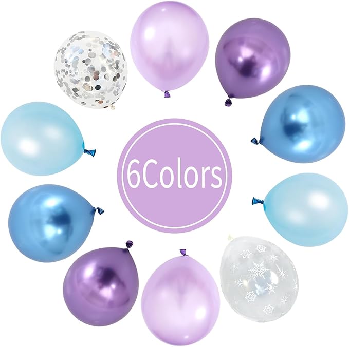 Snow Balloons Set, Pearl Purple Blue Metallic Purple Blue Snowflake Latex Balloon with Silver Confetti Balloons for Winter Wonderland Christmas Princess Girl Birthday Baby Shower Party Decor