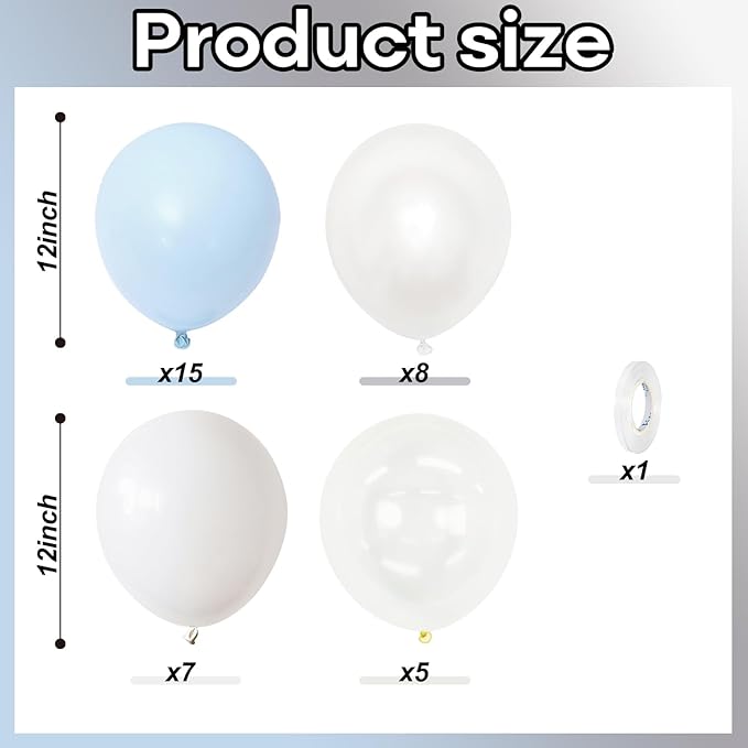 Pastel Blue and White Balloons, 12 Inch 35PCS Light Baby Blue Pearl White with Clear Latex Balloon for Boys Birthday Bachelorette Party Bridal Baby Shower Winter Holiday Party Decorations Supplies