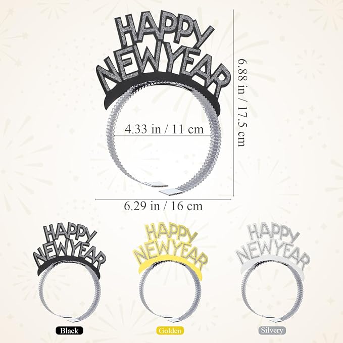 Amosfun HAPPY NEW YEAR Headband Tiara New Years Party Favors Gold Silver Black 12 Pieces