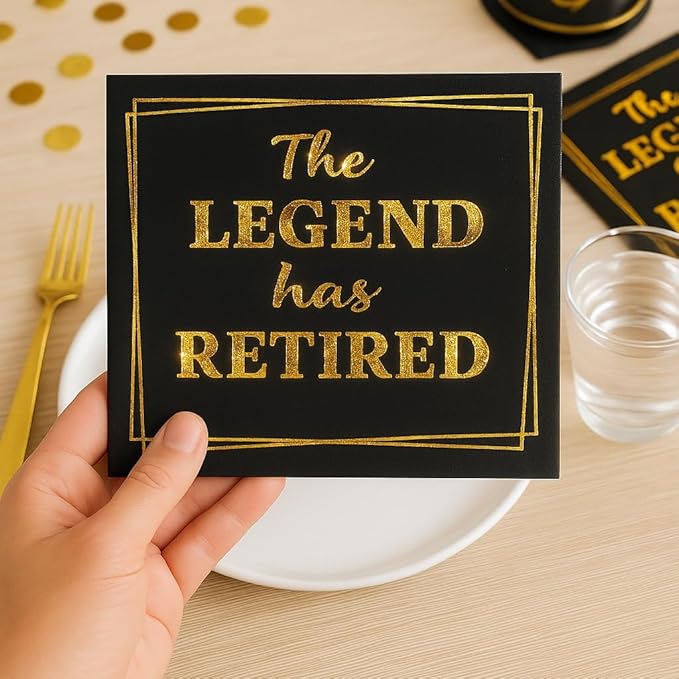 100‑Pack ‘The Legend Has Retired’ Black & Gold Napkins – 2‑Ply Cocktail, Lunch & Dinner Party Napkins – Elegant, Disposable Retirement Party Decoration – 6.5″ x 6.5″ Folded (Large, 100, Count)