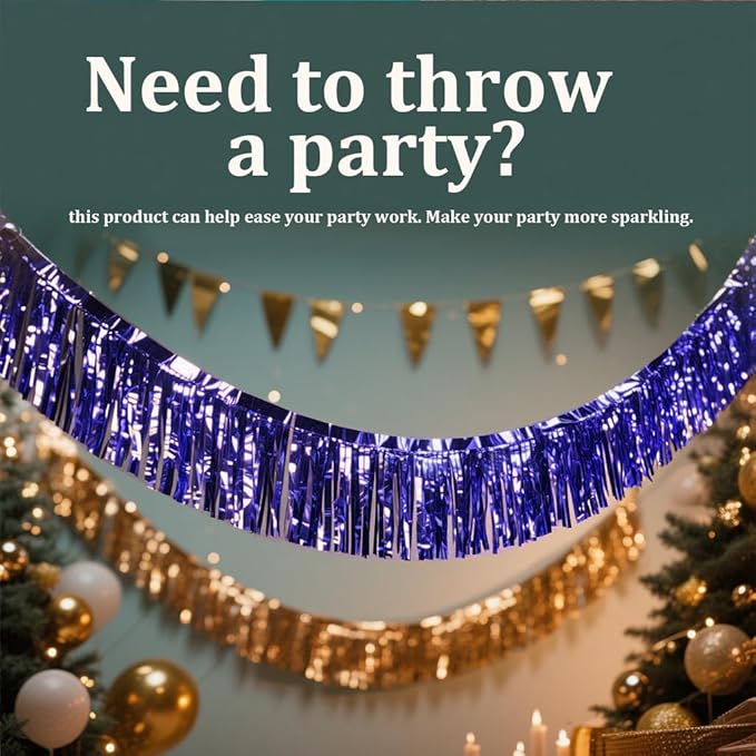 6 Pack Royal Blue Total 60 Feet Foil Fringe Garland Metallic Tinsel Banner Wall Hanging Drapes Parade Float Skirting Decorations for Trailer Mardi Gras Party Birthday Wedding
